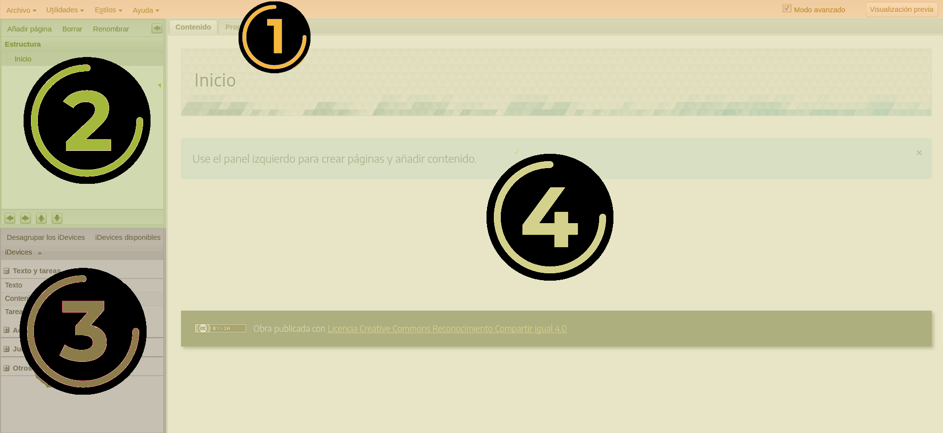 Entorno de trabajo de eXeLearning. Zona superior con la marca 1. Hacia la izquierda dos grandes áreas: la de más arriba con un 2 y la inferior con un 3. La zona más grande que abarca el centro y la derecha del entorno muestra un 4.