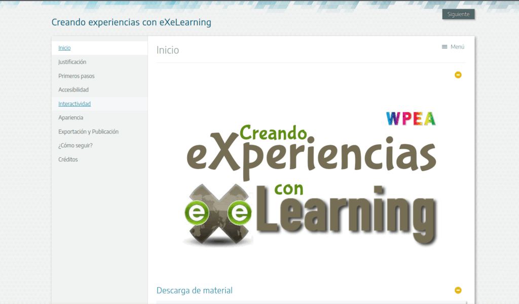 Portada del taller con el título 'Creando experiencias con eXeLearning'. En la parte izquierda, un índice con los puntos principales del taller: Inicio, Justificación, Primeros pasos, Accesibilidad, Interactividad, Apariencia, Exportación y Publicación, ¿Cómo seguir? y Créditos.